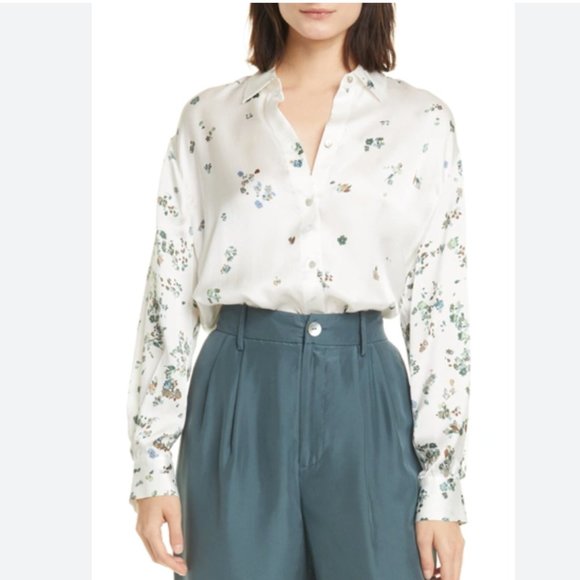 Vince Scattered Floral Silk Long-Sleeve Blouse - Medium - Picture 1 of 14